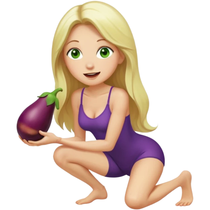 Naked woman tits out long blonde hair green eyes full body skinny legs no clothing kneeling eggplant in mouth emoji