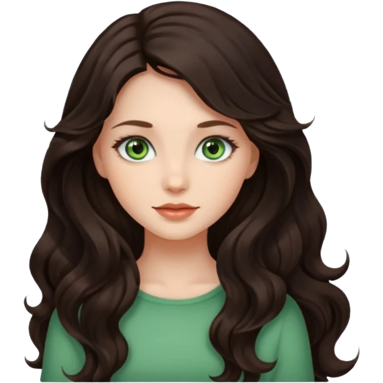 Beautiful girl, dark brown hair, wavy hair, long hair, light green eyes emoji