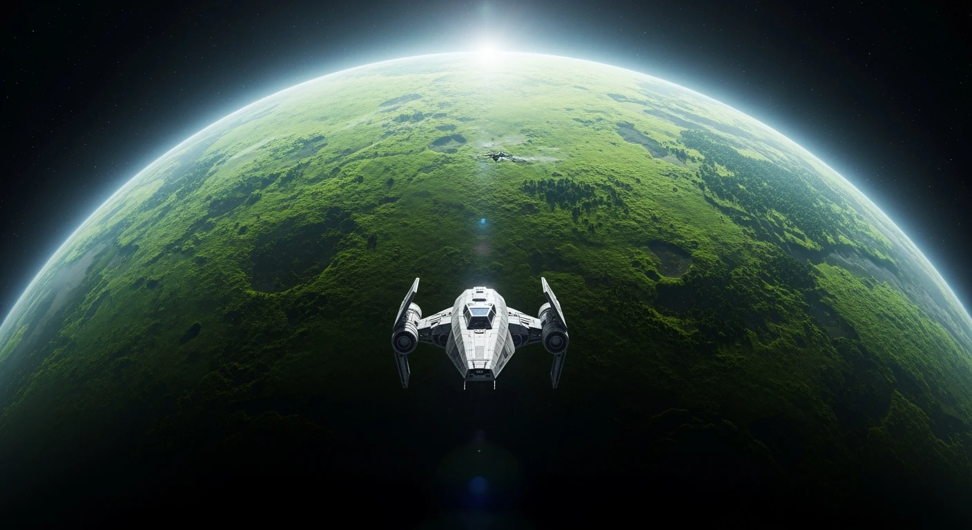 cinematic still, establishing shot, shot from top, entire globe green planet, single starship coming to planet, inspired by StarWars movie, captured by arri alexa  emoji