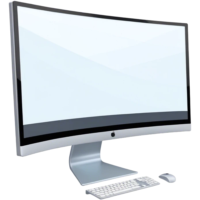 Create an emoji for 3D visualization and modeling. Show a large curved monitor with a 3D modeling program interface on the screen. Use modern, professional colors. Do not include any emojis or smiley faces. Make the background transparent. emoji