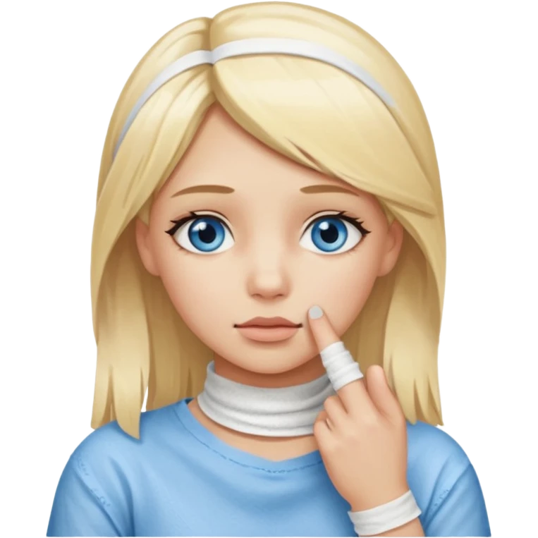 blonde-haired, blue-eyed, fair-skinned girl with her entire index finger fully bandaged, placing the bandaged finger on her chin and thinking emoji