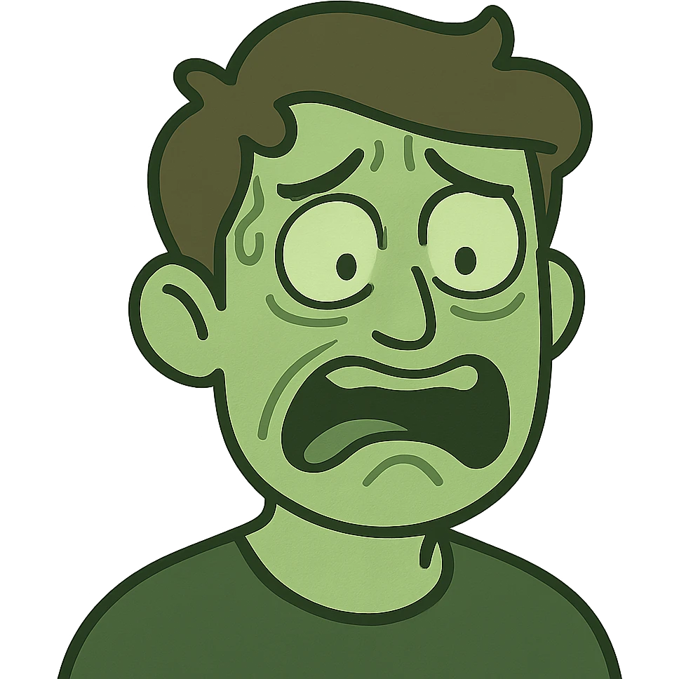flat toon style face, exaggerated disgust and fear, greenish tint, after witnessing cannibalism emoji