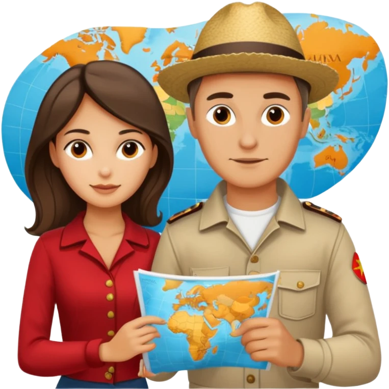 Russian man and elegant Spanish girl in costal outfits with a map planning  emoji