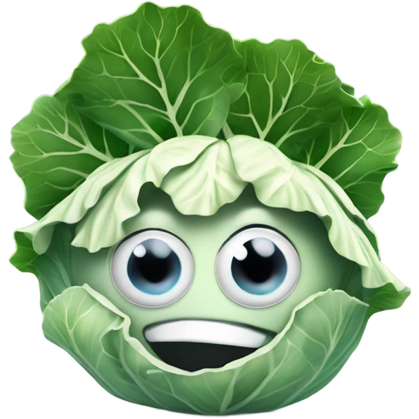 Create 3D White colored cabbage with a mysterious face and large shiny eyes 👀 has two hands of leaves. one hand holds mirror with reflection 🪞 emoji