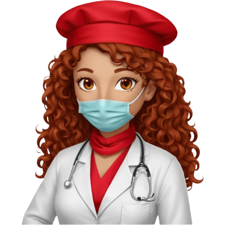 Sensual Spanish Lilith core evil surgeon.red outfit.  Surgeon has hazel eyes. Her hair is BROWN. Hair is also  long and  curly. wearing a sexy surgeon outfit with platform  heels.she is a calculated smart killer. She covers only her mouth and nose with silk scarf to hide identity  emoji