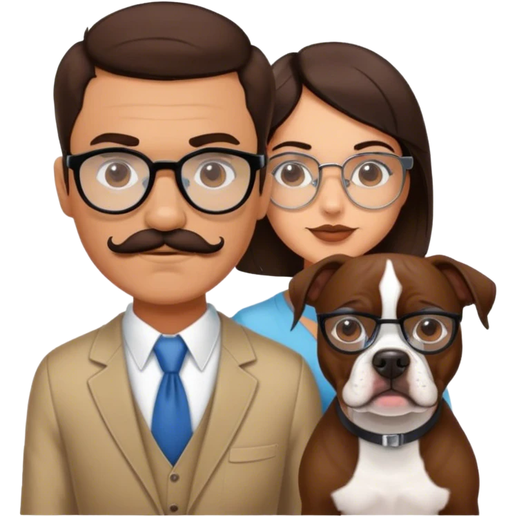 brunette man w wire glasses and mustache and brunette girl with bob and a brown pitbull boston terrier  emoji