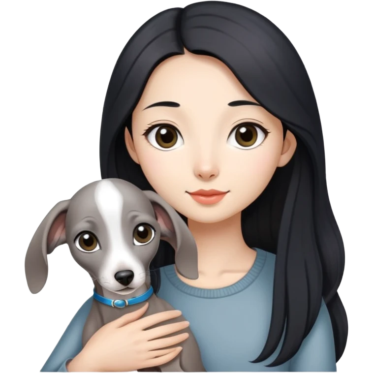 Slim Chinese girl with long black hair holding all grey Italian greyhound emoji