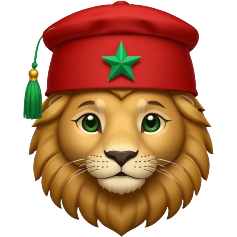 Cute lion emoji face wearing a red Moroccan fez with a green star on the front and a black tassel on the right side. Solid dark-blue background. emoji