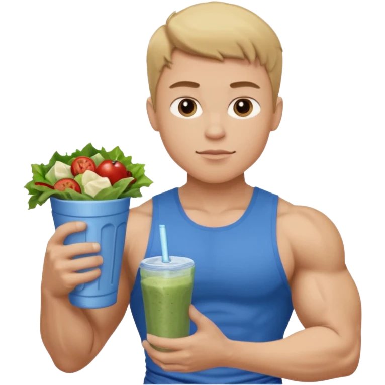 A young male person with a muscular, well-defined build. He has short dark blonde hair, a light skin tone, and a neutral facial expression. He wears blue cloth. He is holding a salad in one hand and a protein shake in the other. emoji
