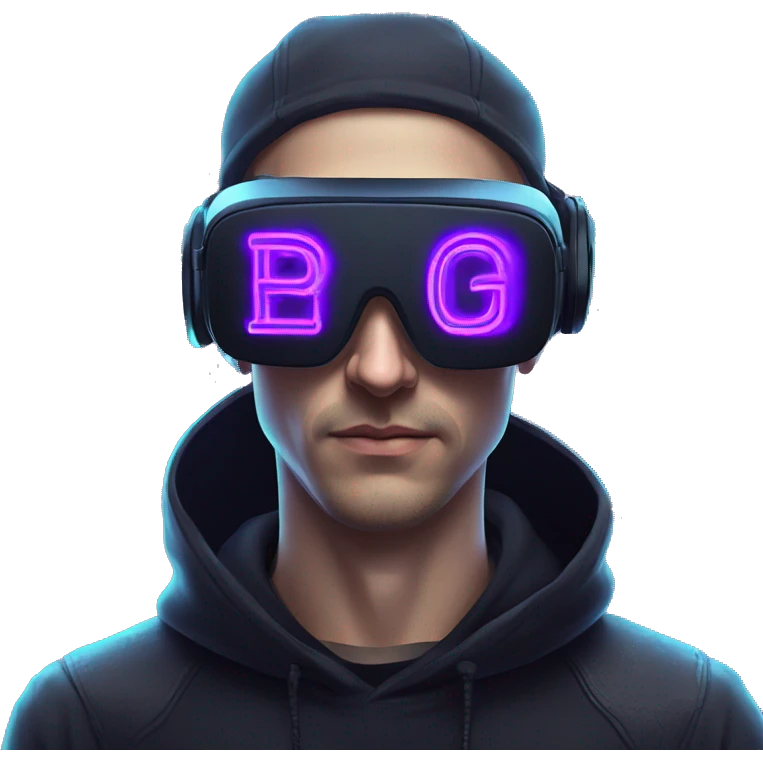 Russian man in the black hoody with violet letters "OMG VR" on it wearing vr headset. Cyberpunk style. blue neon. emoji