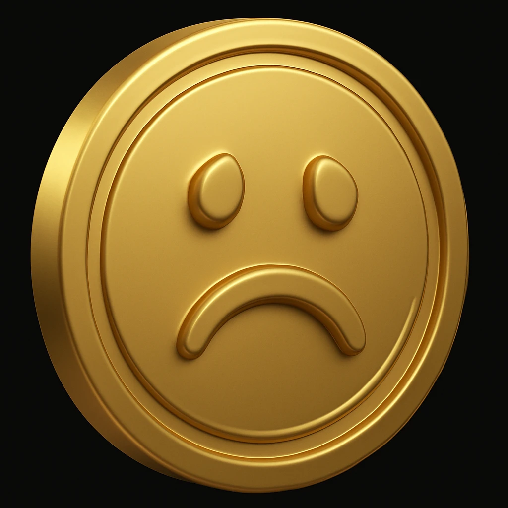 Make this 3D golden dollar coin look sad by adding a sad face to the coin, keeping the same 3D style and gold color. emoji