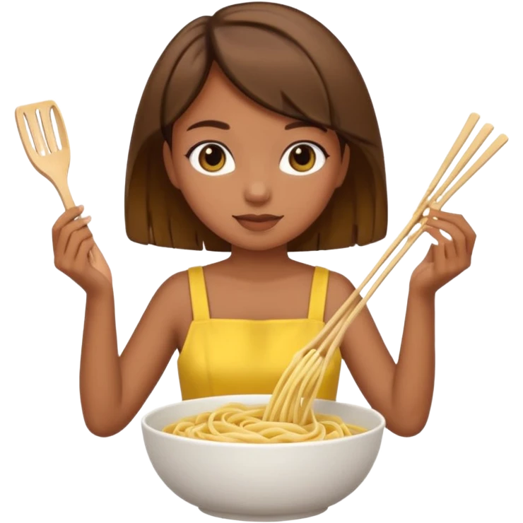 Brown short hair girl with cute yellow dress making noodle emoji