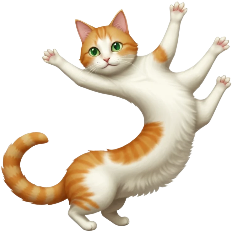 ginger and white cat with green eyes doing a big extremely long stretch reaching up into the air with arms and legs side by side together straight and overextended whilst lying on its side emoji