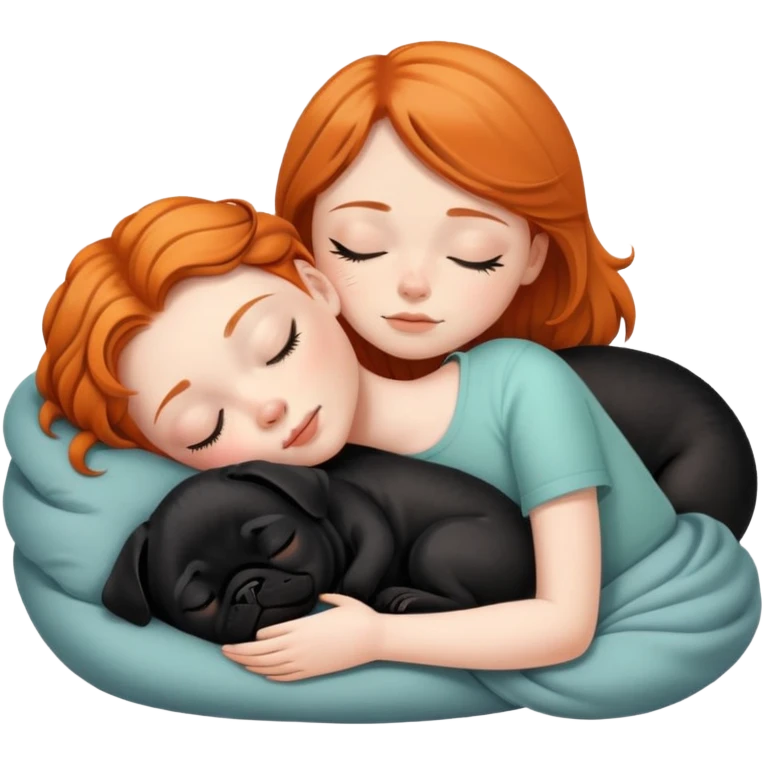Sleeping beauty ginger girl with black pug puppy emoji