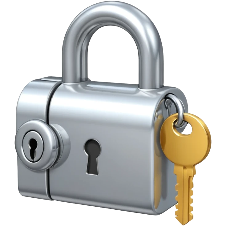 A chrome silver lock and key emoji, smooth metallic surfaces, glossy reflections, luxury swag vibe, minimal iOS emoji style, centered on clean white background emoji