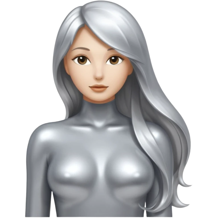 abstract sensual body silhouette, liquid silver chrome, smooth curves,chrome silver long hair, chrome metallic silver emoji