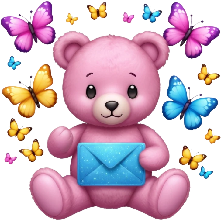 A pink teddy bear holding a sign and surrounded by butterflies and sparkles. emoji
