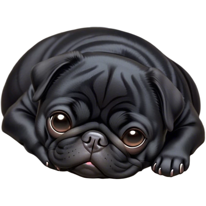 Cinematic Meme-Worthy Chubby Sleeping Black Pug Portrait Emoji, Head resting peacefully with a contented smile, showcasing a delightfully chubby build and a luxuriously soft black coat, eyes shut in a serene nap, Simplified yet hilariously adorable features, highly detailed, glowing with a soft, drowsy light, high shine, relaxed and utterly lovable, stylized with an air of playful laziness, bright and heartwarming, soft glowing outline, capturing the essence of a comically sleepy companion, so meme-worthy it feels like it could instantly become the next viral sensation of adorable slumber! emoji