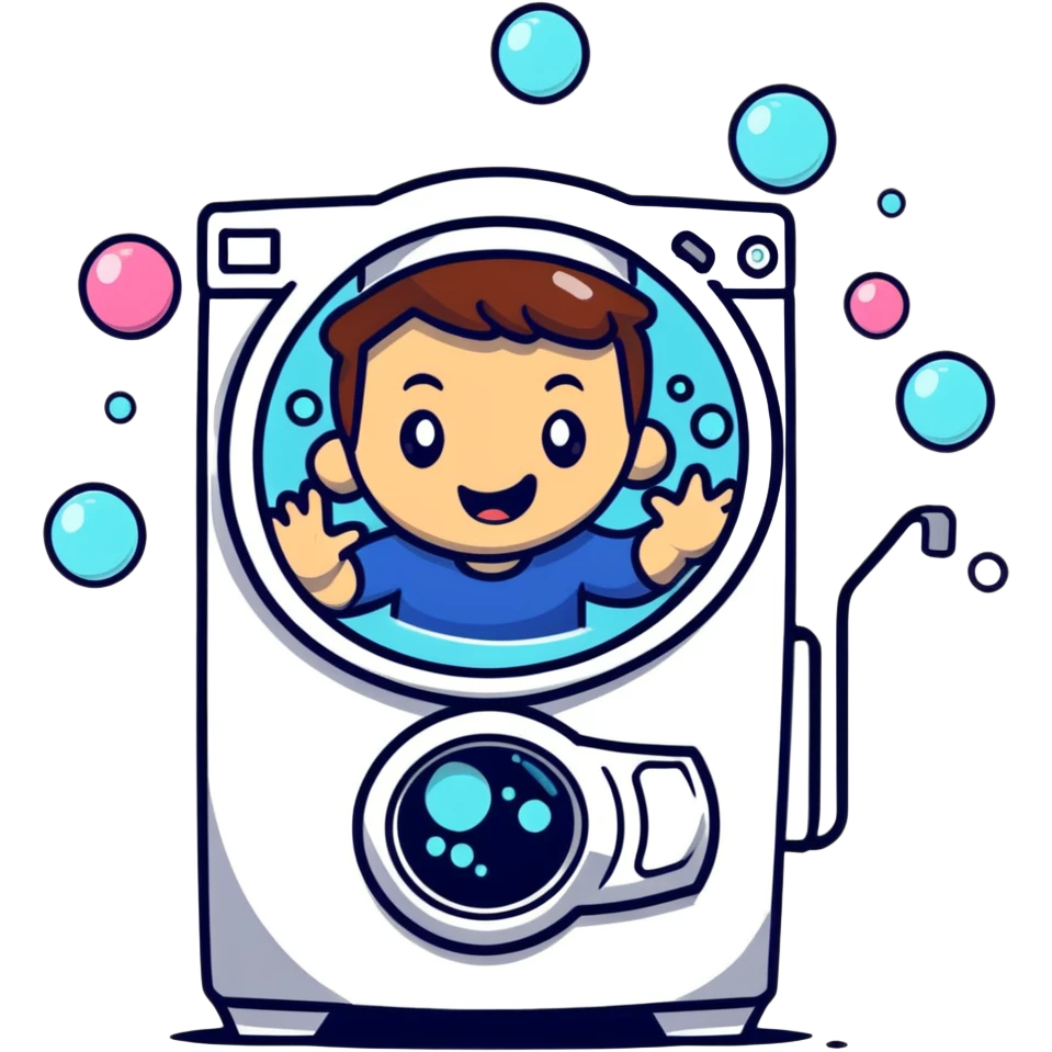 a person experiencing whiplash, spinning inside a washing machine, dizzy expression, bubbles and swirling motion emoji