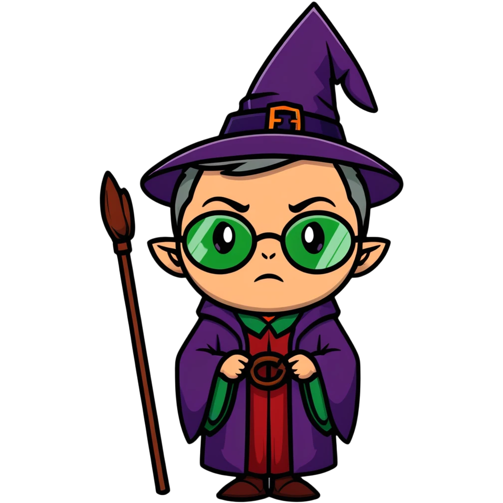 Upset Professor McGonagall with glasses, witch hat, green robes, looking stern and disapproving emoji