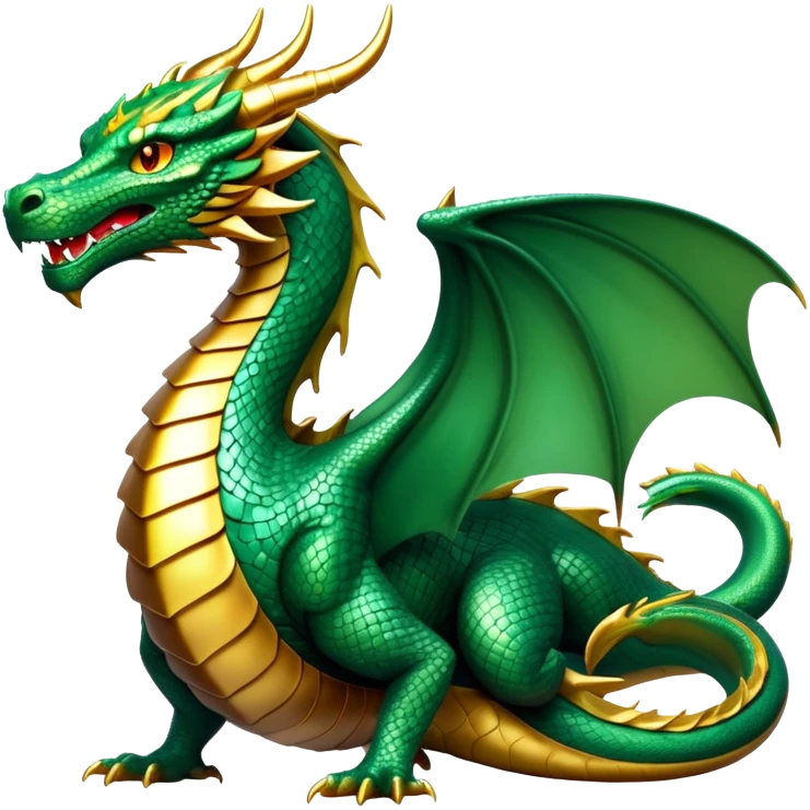cinematic-noble-dragon-full body-emoji,-poised-and-majestic,-with-a-sinuous,-elongated-build-and-shimmering,-scale-covered-skin-in-hues-of-emerald-and-gold,-piercing,-fiery-eyes,-simplified-yet-sharp-and-sophisticated-features,-highly-detailed, zoomed out showing the serpentine body emoji