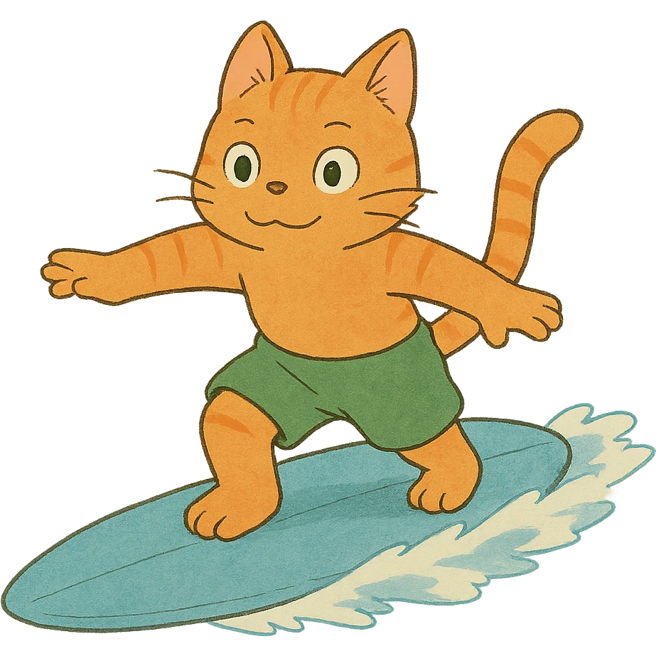 ghibli style orange cat with green shorts surfing emoji