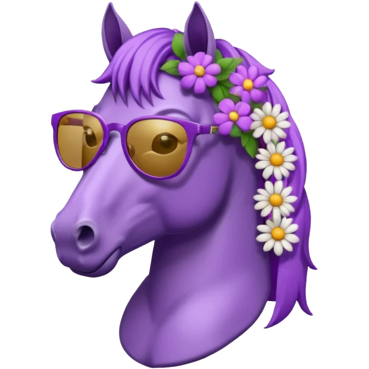 Purple horse wearing sunglasses and flowers on hair, bust up
 emoji
