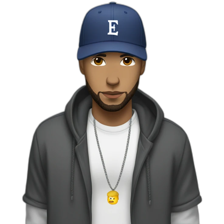 Eminem with beard look & wearing a kangol hat with hoodie cap on emoji