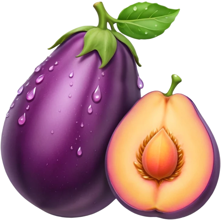 eggplant poking peach with water drops emoji