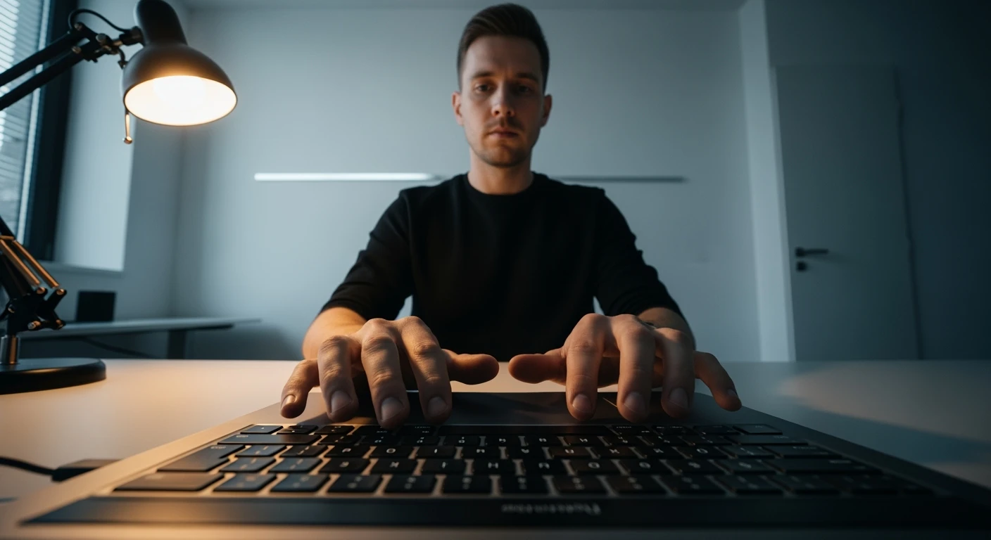 Cinematic still, POV camera, Man writing on macbook pro keyboard, minimalistic environment emoji
