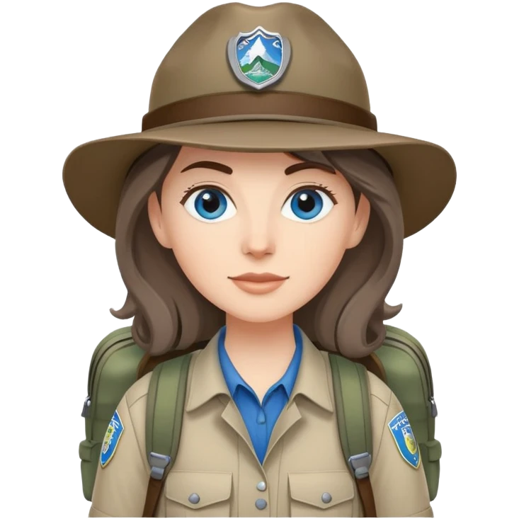 white woman park ranger with gray and brown hair, blue eyes, wearing a backpack emoji