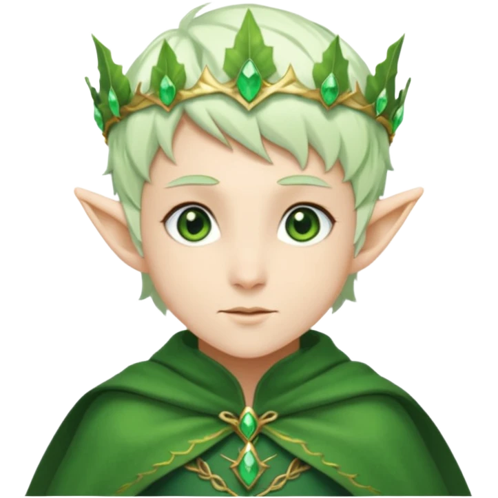 Forest Elf – elegant green-skinned elf with leaf crown and cloak, white short hair emoji