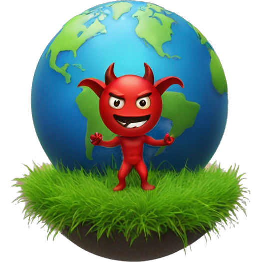 The devil standing on some grass with a tiny planet earth revolving around it emoji