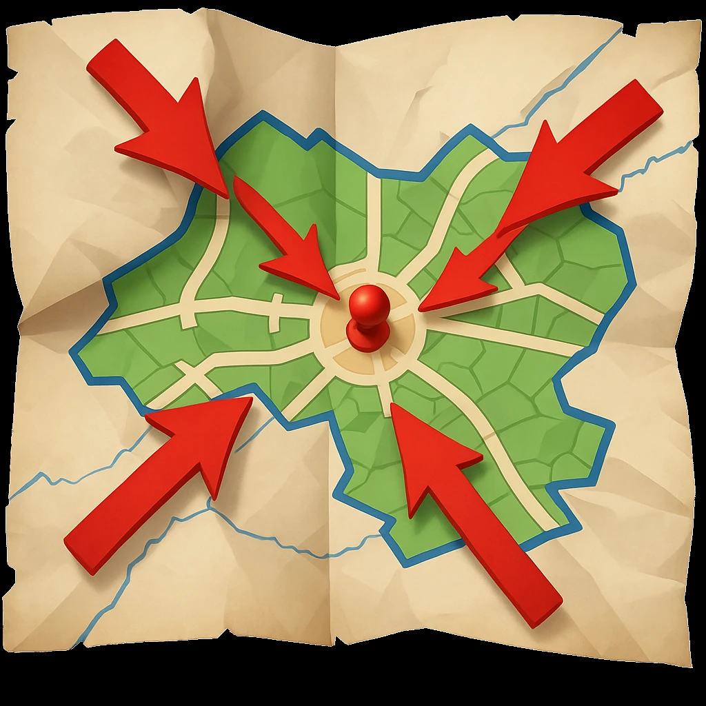 Add bold red arrows to the map, indicating an upcoming offensive attack strategy. Keep the emoji style and all original details. emoji