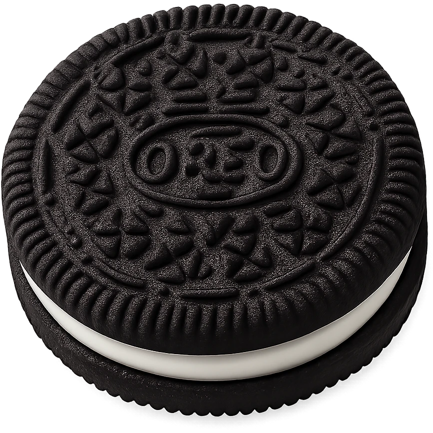 Make the sandwich cookie look even more like an Oreo: two very dark chocolate wafers with detailed, classic Oreo-style embossed pattern, thick white cream layer in between, clean edge, slight gloss on the cream. No bite, no packaging, just the whole cookie. Apple emoji style, soft lighting, subtle shadows, emoji scale. Transparent background. emoji