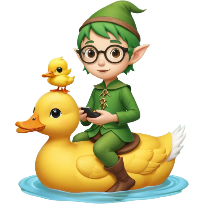 tiny forest elf with round glasses riding a duck emoji