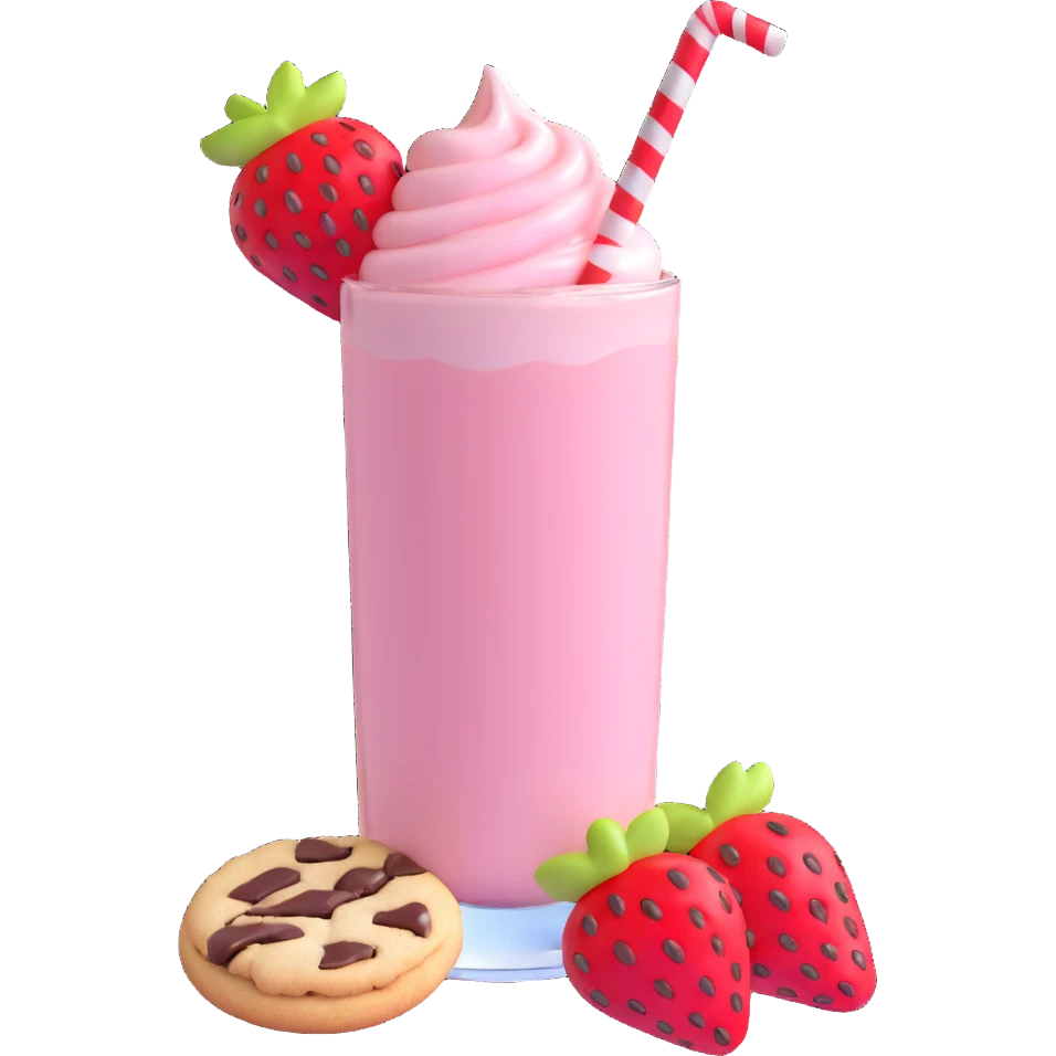 3D style strawberry milkshake with pink hue and cherry on top, glass with chocolate drizzle, cookie on the rim emoji