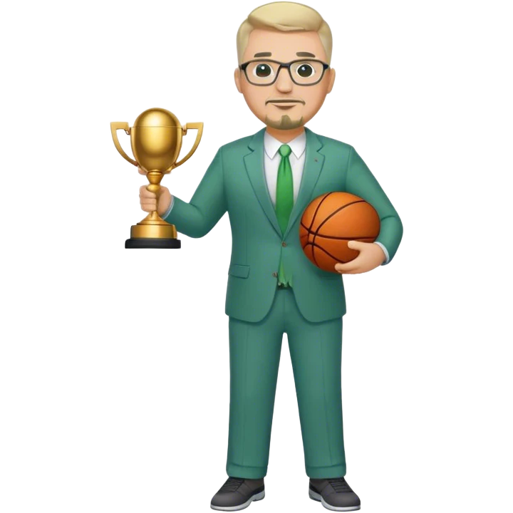 Full Body white male plus size wearing glasses with a goatee with light blonde and gray very short hair happy basketball head Coach in blue and green suit holding trophy emoji