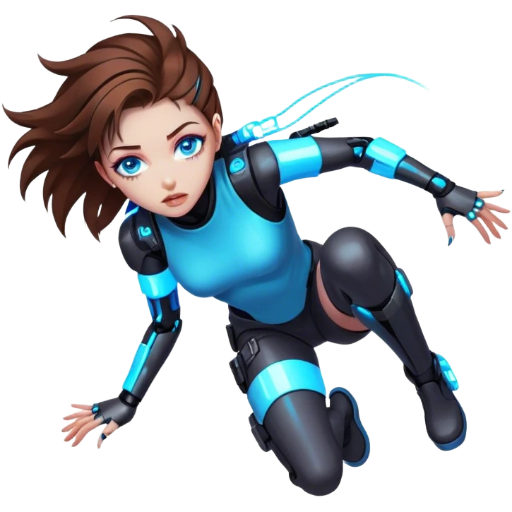 Neon cyberpunk style 
girl with brown hair and blue eyes 
falls emoji