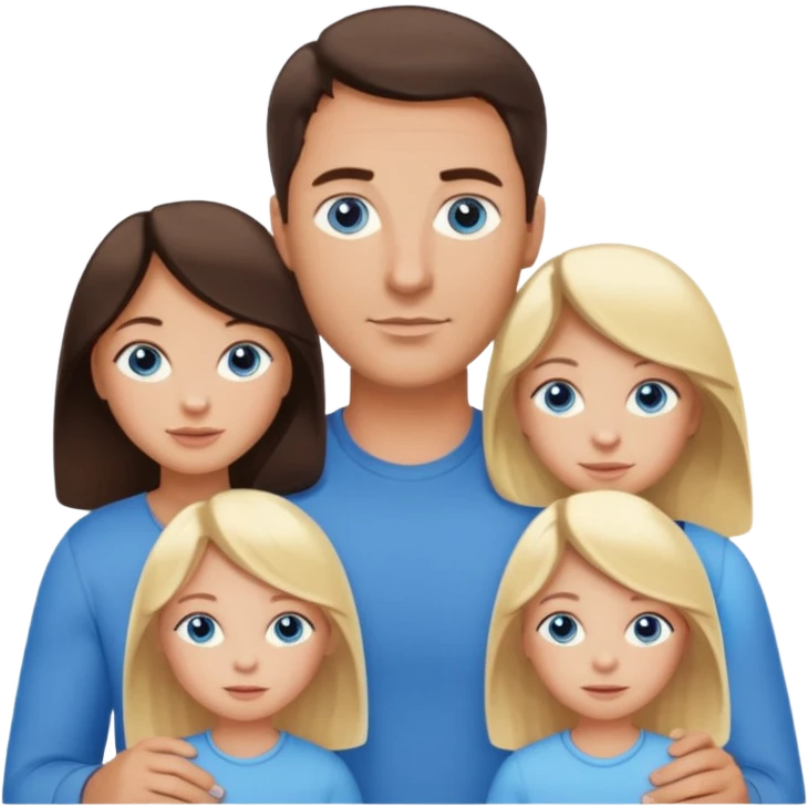 Family portrait with father with dark brown hair and blue eyes, mother with light brown hair and blue eyes, three blonde little girls with blue eyes emoji