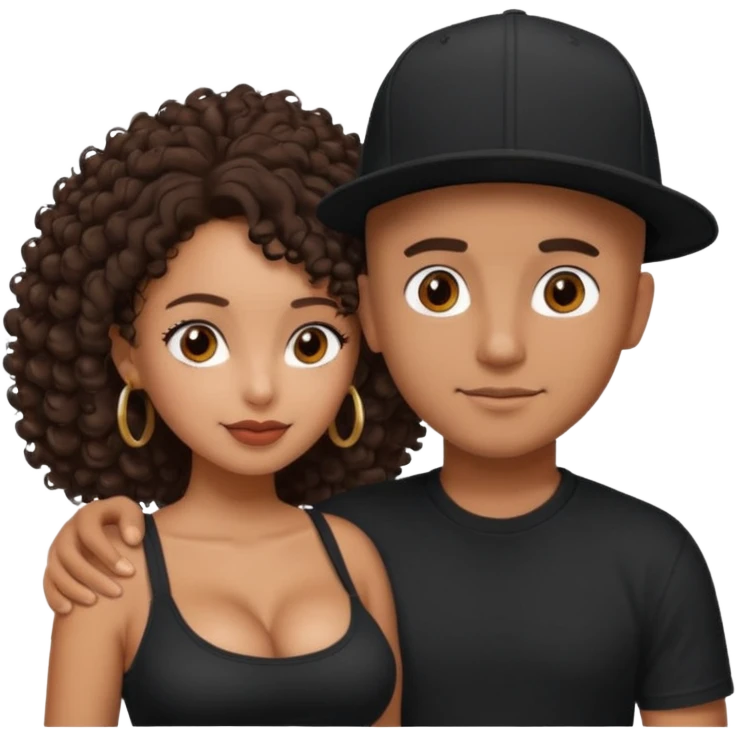 A picture of a tanned couple embracing. the guy is Mexican, with a bald hair cut and he has a SnapBack hat on. The girl is mixed, the girl is wearing a black shirt, the girl has brown curly big hair and the girl has big boobs  emoji