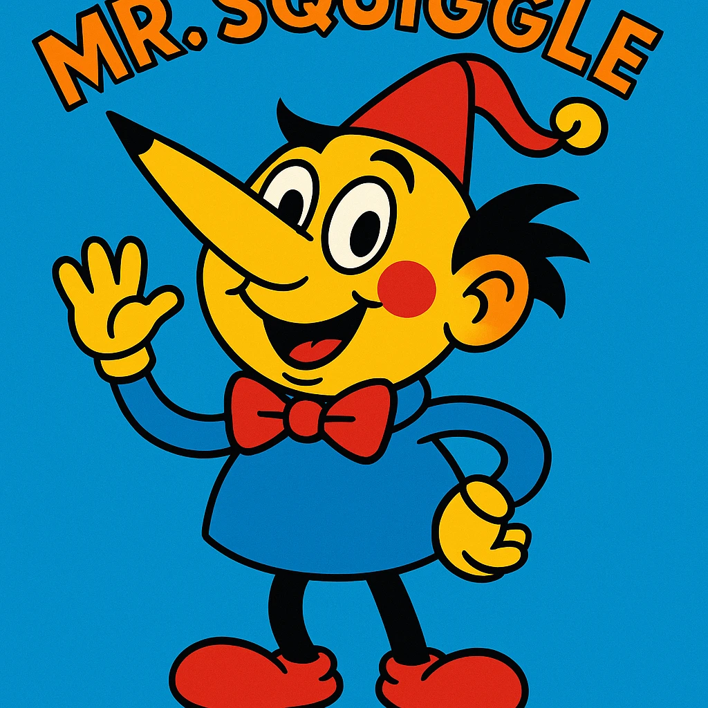 Mr. Squiggle, whimsical cartoon character with a pencil nose, playful and friendly expression, vibrant toon style emoji