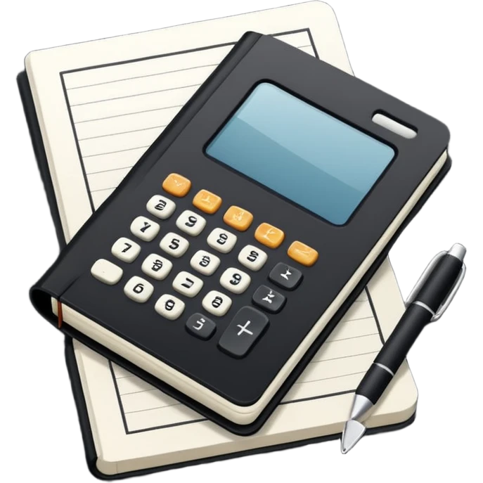 Minimalistic flat vector icon, iOS style, thin black contour on white background. Small black notebook with visible binding, placed next to a calculator. Clean, modern, no text, no shadows. emoji