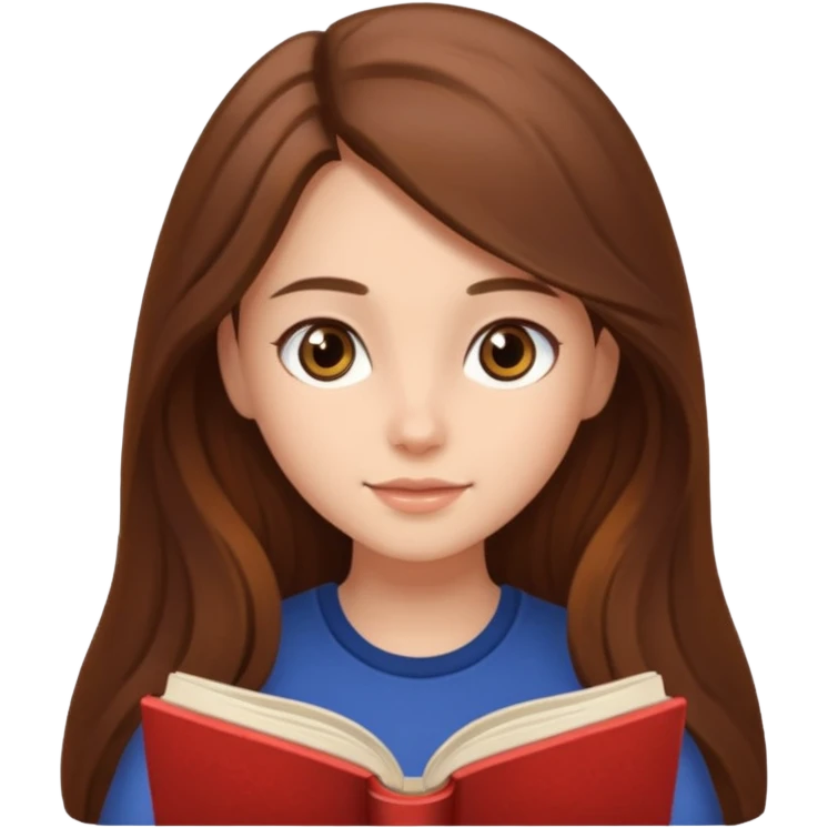 Cozy girl with long brown hair and brown eyes reading  emoji