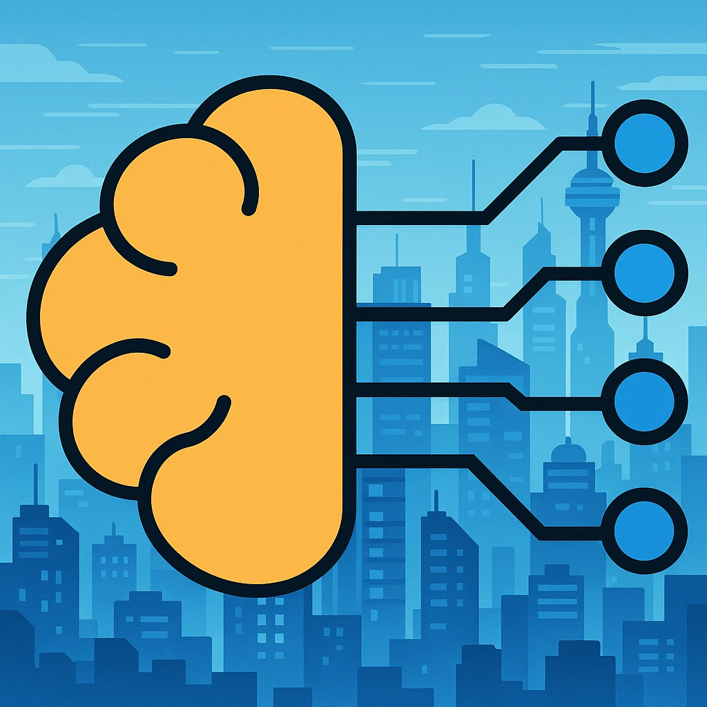Add a futuristic city background, keep the brain with circuit lines as the main subject, maintain color outline style emoji