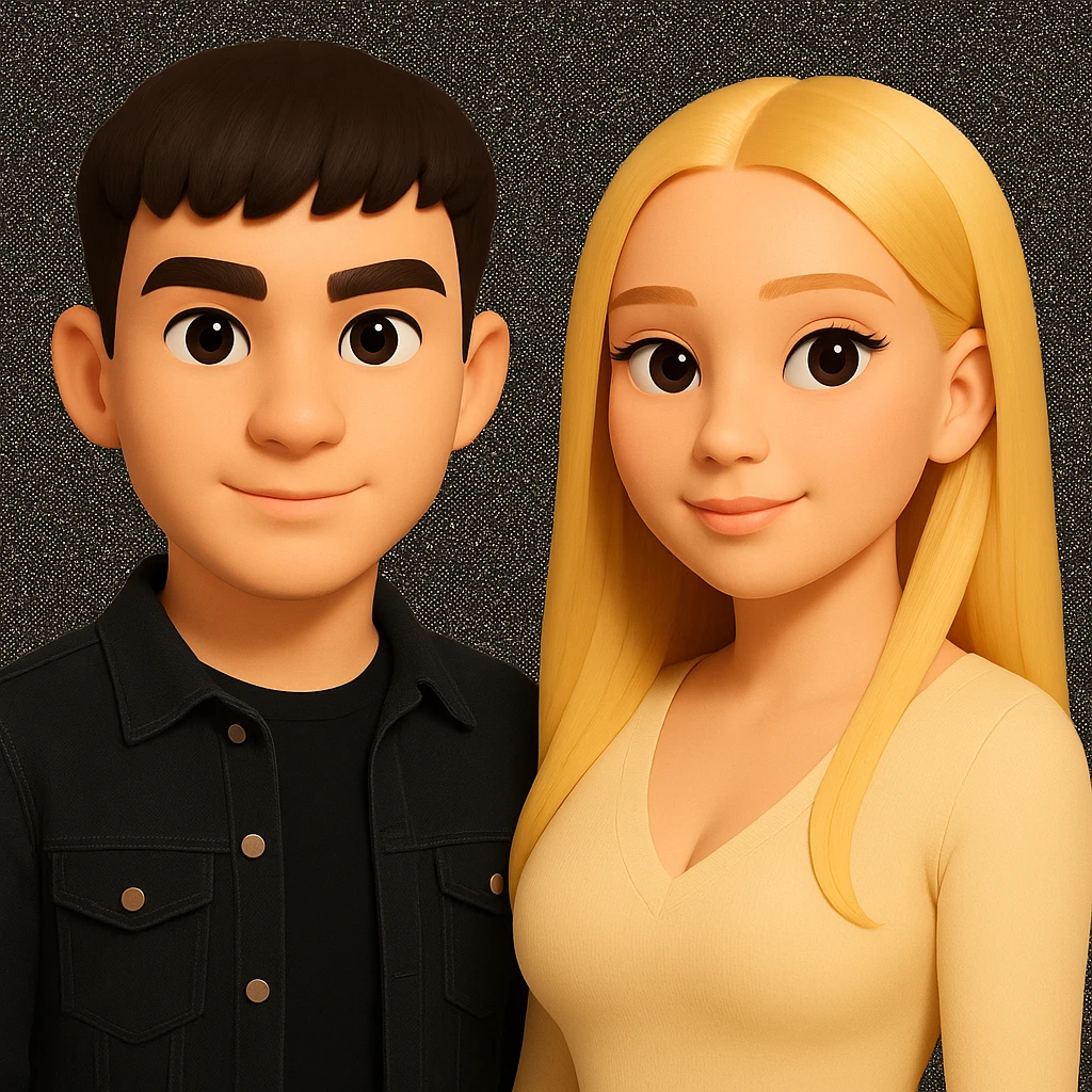Slightly increase the volume of the upper body of the girl, separate the two characters from each other, make the skin color the same for both characters, while preserving the cartoonish 3D style. emoji