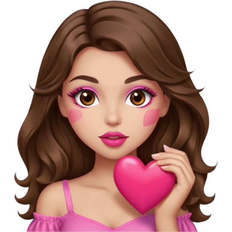 girl with long wavy brown hair, brown eyes, long lashes makeup, sexy pink lips, light to medium complexion, wearing a pink sexy top, sexy , puckering, blushing, kissing a heart sexy emoji