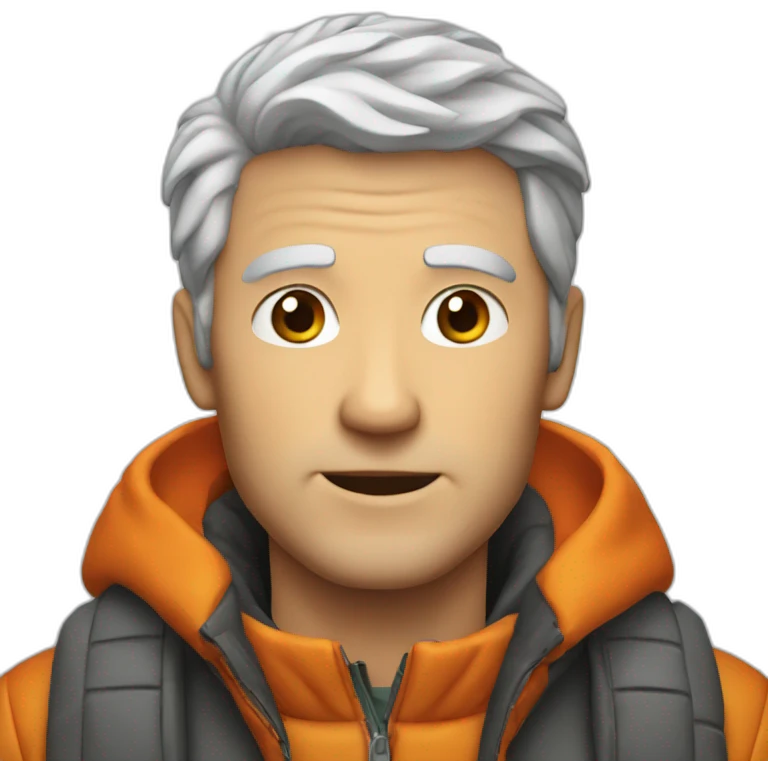 young gray-haired white man with an orange down jacket emoji