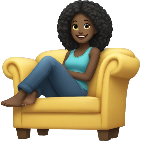 black girl, with straight hair, lounging on a comfy blue couch, with her feet up, looking relaxed, happy emoji