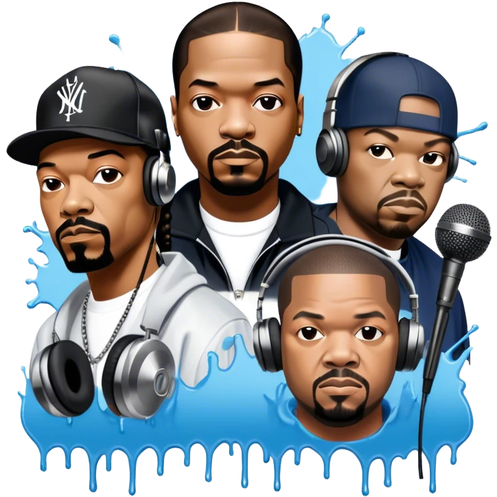 Icon for Rap Music: collage of rap legends—Snoop Dogg, Ice Cube, Dr. Dre, and 50 Cent. Iconic elements include microphones, headphones, and urban street elements like graffiti. Bold, energetic vibe with a hip-hop style. Transparent background. emoji